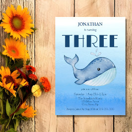 Invitación Sencillo mar azul de ballena dulce tercer cumpleañ