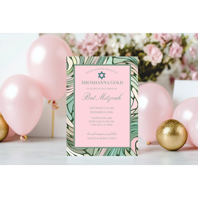 Invitación Sencillo Moderno Bat Mitzvah Rosa y Verde (Subido por el creador)