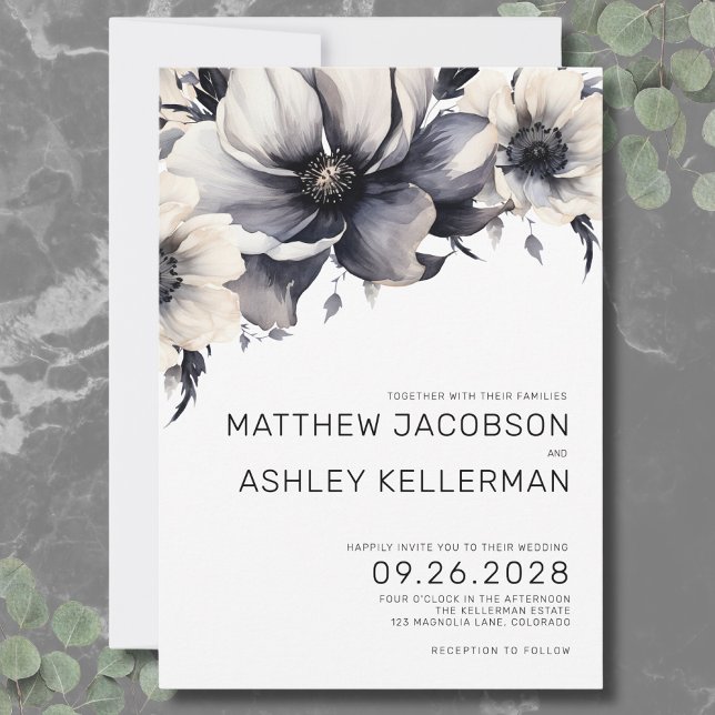 Invitación Sencillo Moderno Blanco Negro Boho Floral Boda (Modern Boho Floral Black White Wedding Invitation)