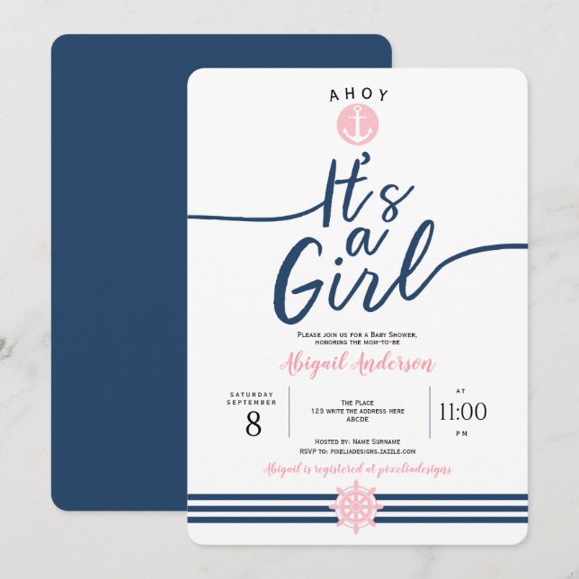 Invitación Sencillo. Moderno, Stripes, Náutico, Niña Bebé (Anverso / Reverso)