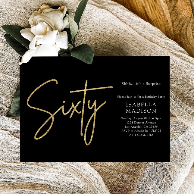 Invitación Sencillo negro y Purpurina de oro 60º cumpleaños (Simple Black and Gold Glitter 60th Birthday Invitation
)