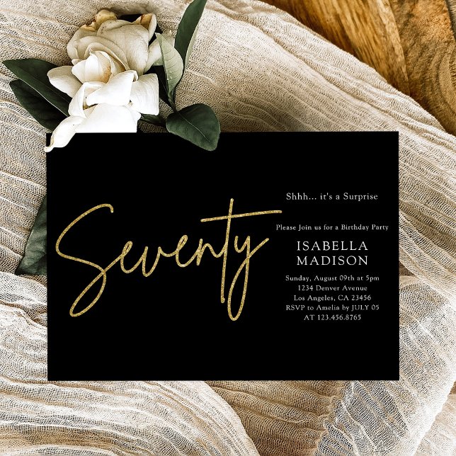 Invitación Sencillo negro y Purpurina de oro 70º cumpleaños (Simple Black and Gold Glitter 70th Birthday Invitation
)