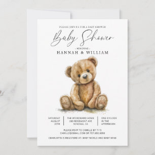 Invitación Sencillo Oso Pequeño Baño de Bebé en Acuarela