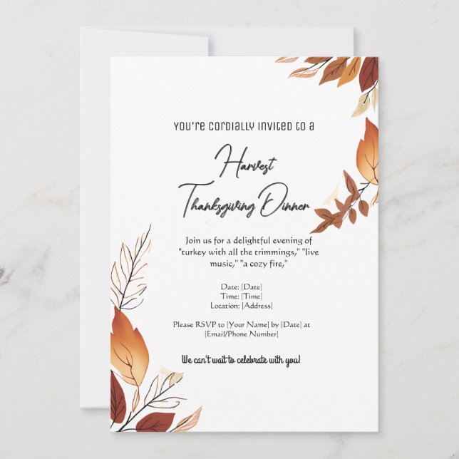 Invitación Sencillo otoño blanco y Naranja deja el día de Acc (Anverso)