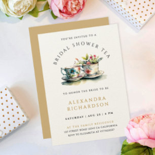 Invitación Sencillo Pastel Dorado Bridal Tea Watercolor