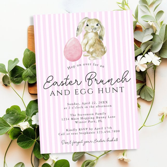 Invitación Sencillo Pink Preppy Stripes Bunny Egy Easter Brun (Subido por el creador)