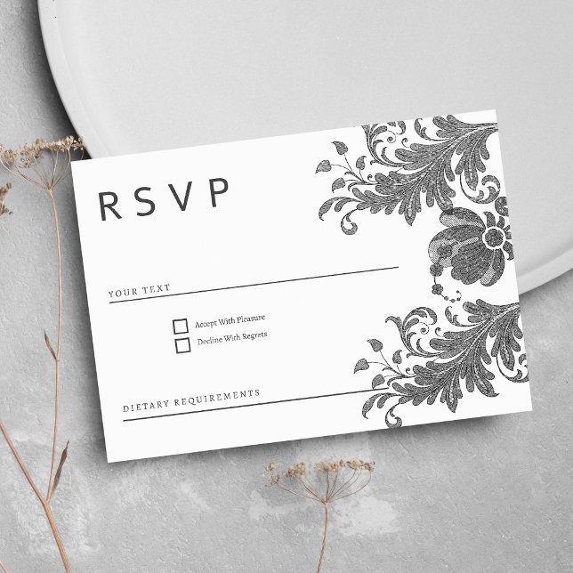 Invitación Sencillo purpurina blanco negro encaje floral RSVP (Simple black white glitter floral lace RSVP )