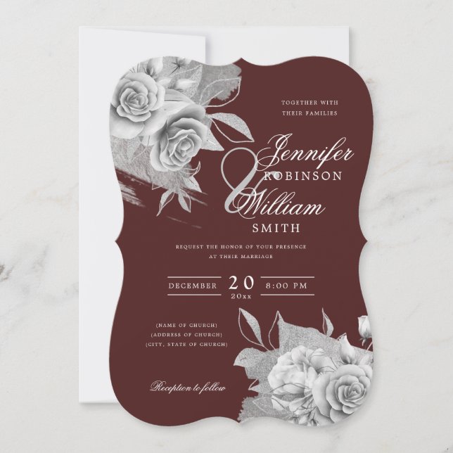 Invitación Sencillo Relieve metalizado floral de bodas platea (Anverso)