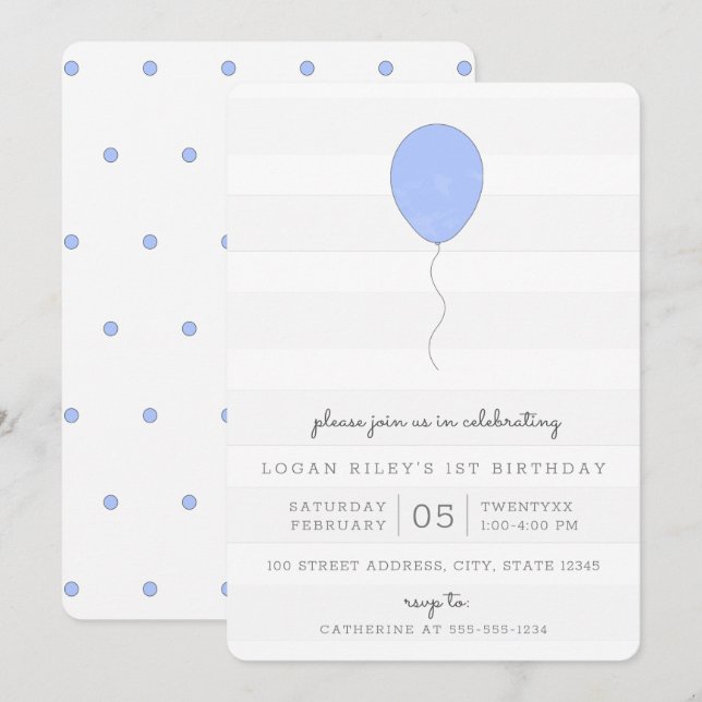 Invitación Sencillo Shabby Chic Balón Azul y Gris Cumpleaños (Anverso / Reverso)