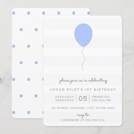 Invitación Sencillo Shabby Chic Balón Azul y Gris Cumpleaños