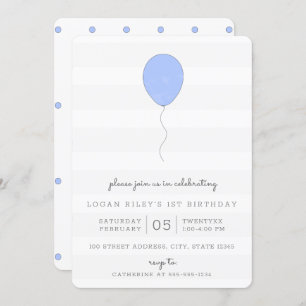 Invitación Sencillo Shabby Chic Balón Azul y Gris Cumpleaños