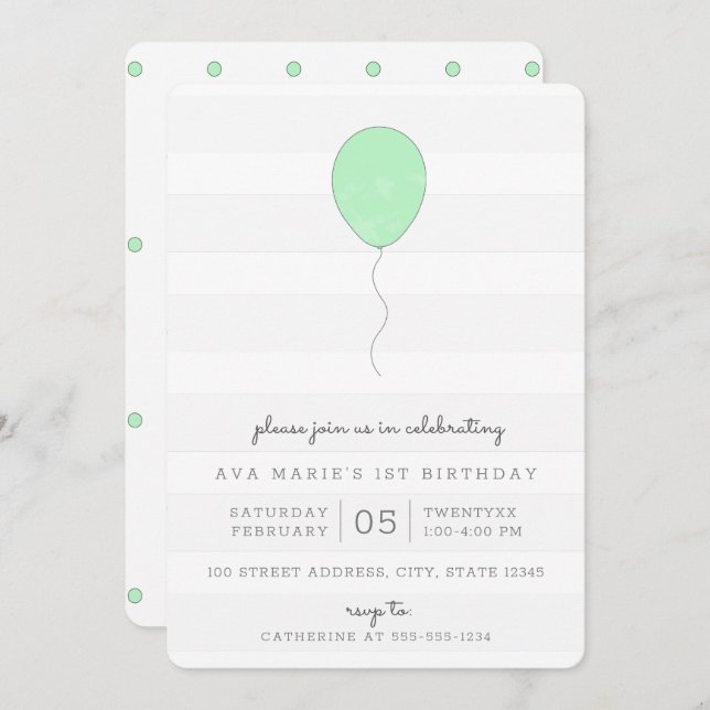 Invitación Sencillo Shabby Chic Balón Verde y Gris Cumpleaños (Anverso / Reverso)