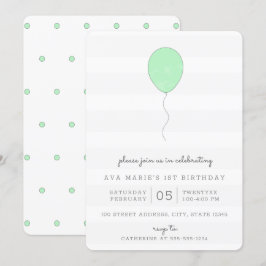 Invitación Sencillo Shabby Chic Balón Verde y Gris Cumpleaños