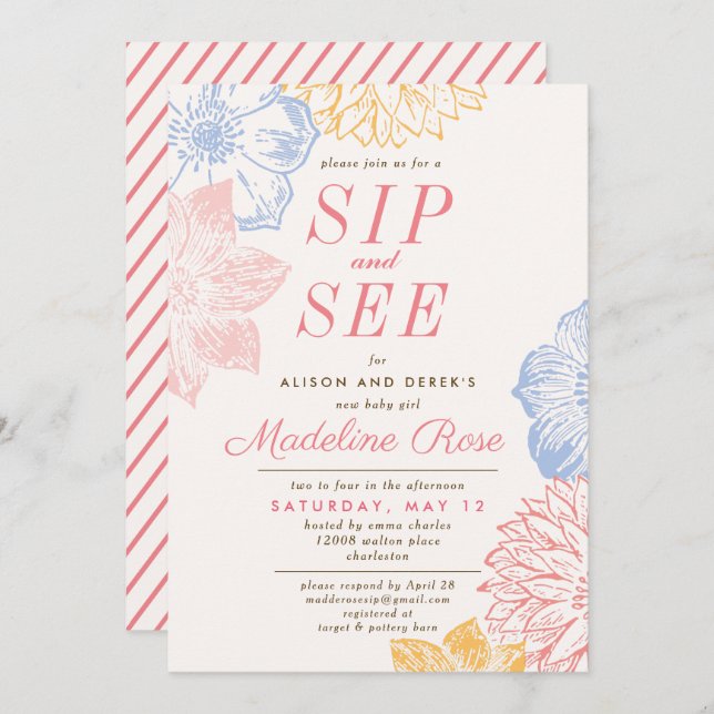 Invitación Sencillo Sip Chica Floral-Rosa y vea Baby Shower (Anverso / Reverso)