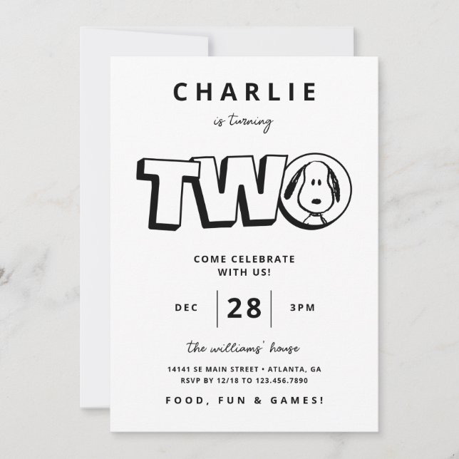 Invitación Sencillo Snoopy Blanco y Negro Segundo cumpleaños (Anverso)