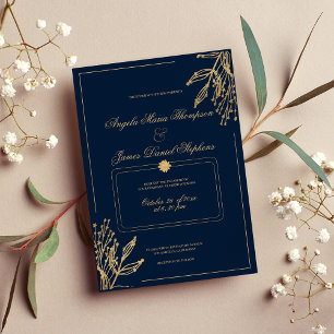 Invitación Sencillo tejido floral de oro azul marino