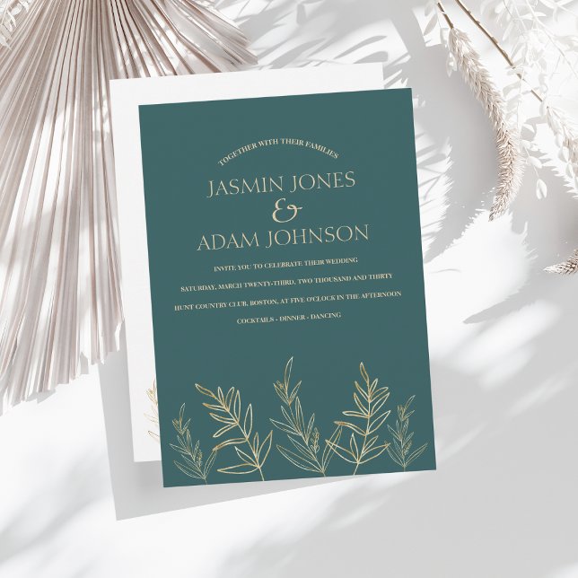Invitación Sencillo verde esmeralda y Boda de hojas de oro (Subido por el creador)