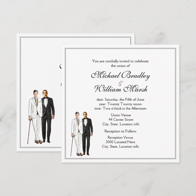 Invitación Sencillo y elegante Boda blanco gay Groom (Anverso / Reverso)