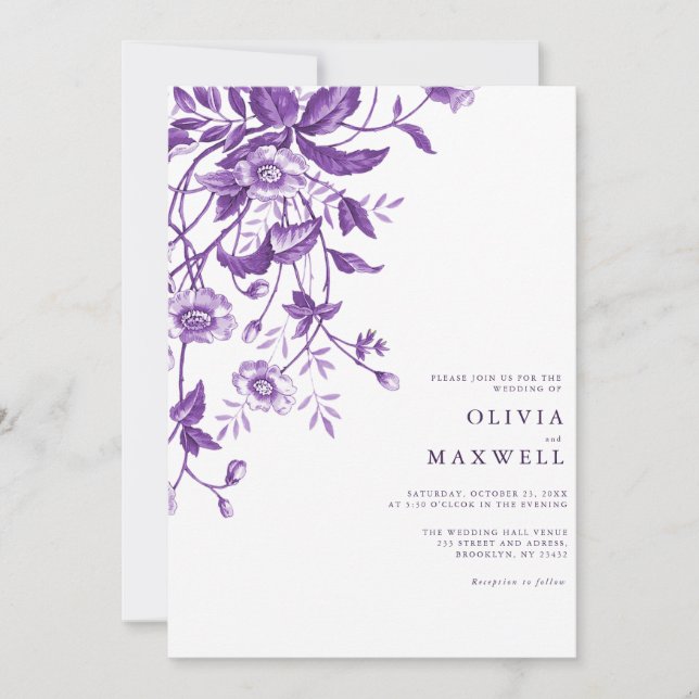 Invitación Sencillo Y Elegante Boda Floral De Boho Morado (Anverso)