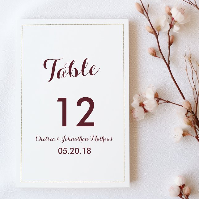 Invitación Sencillo y elegante burdeos de oro blanco números  (Simple elegant white gold burgundy Table Numbers)