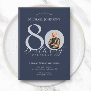 Invitación Sencillo y elegante cumpleaños 80 azul marino con 