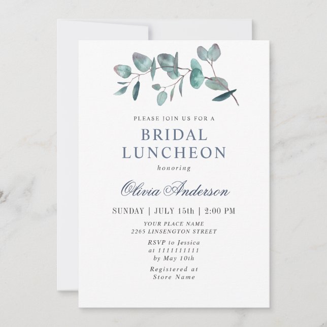 Invitación Sencillo y elegante Eucalyptus Bridal Luncheon (Anverso)