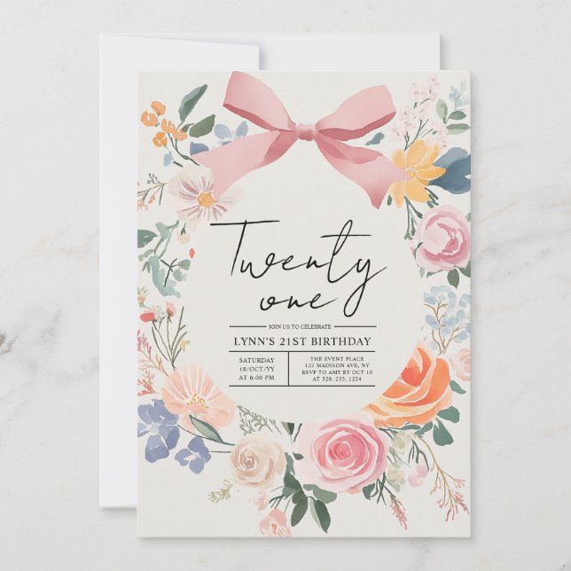 Invitación Sencillo y elegante Fiesta floral 21º cumpleaños (Anverso)