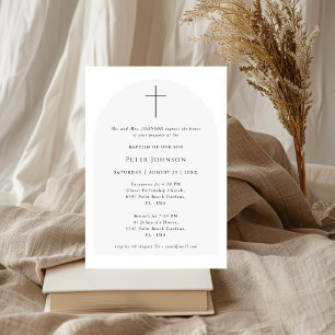 Invitación Sencillo y elegante guión Bautismo en arco blanco