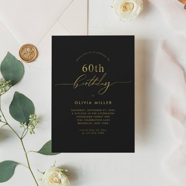 Invitación Sencillo y elegante guión de oro negro 60 cumpleañ (Subido por el creador)