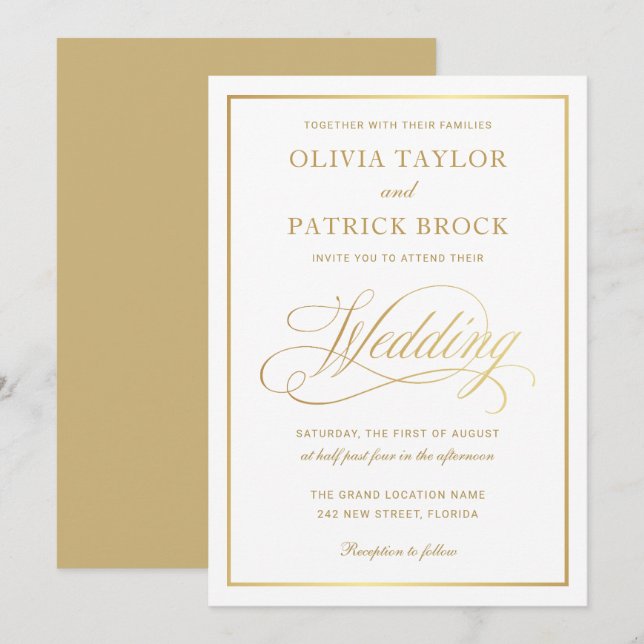 Invitación Sencillo y elegante guión oro y Boda blanco (Anverso / Reverso)