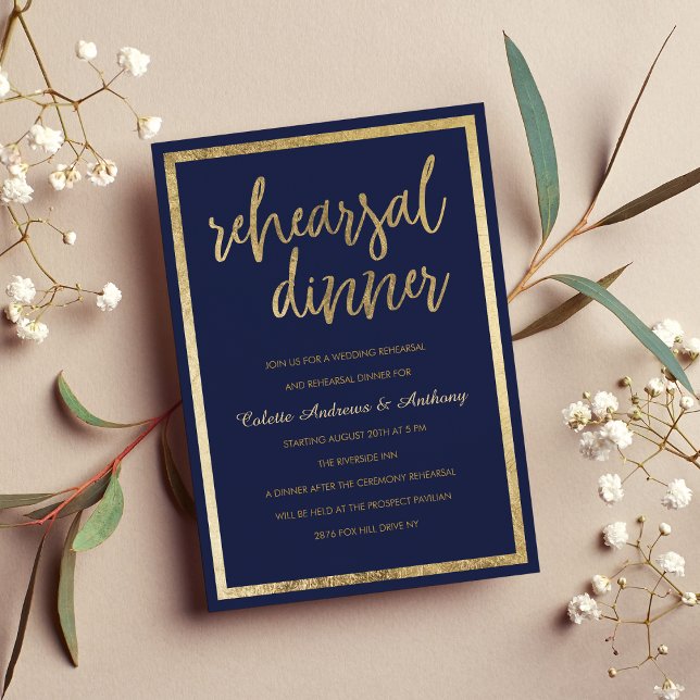 Invitación Sencillo y elegante oro azul marino Ensayo cena (Simple elegant navy blue gold Rehearsal Dinner )