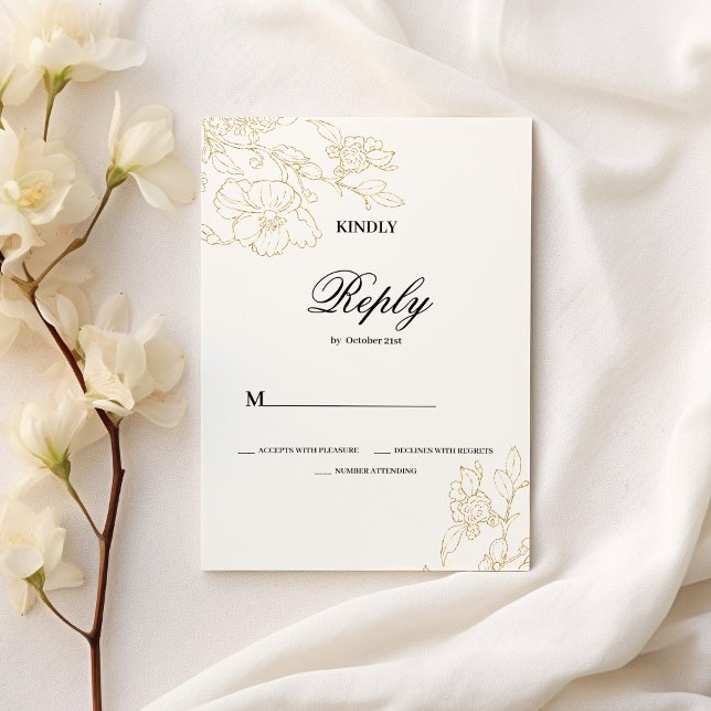 Invitación Sencillo y elegante oro blanco floral Wedding RSVP (Simple elegant white gold floral Wedding RSVP)