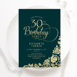 Invitación Sencillo y elegante Oro verde esmeralda de cumplea<br><div class="desc">Sencilla y elegante invitación a la fiesta de cumpleaños número 30 en verde esmeralda y oro. Diseño elegante con rosas, Relieve metalizado de oro falso y tipo de letra de guión de tipografía. La carta de invitación a la moda es perfecta para una elegante celebración de cumpleaños femenina. Personaliza con...</div>