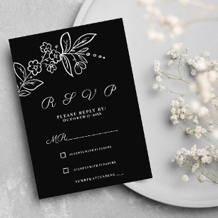 Invitación Sencillo y elegante RSVP floral blanco negro