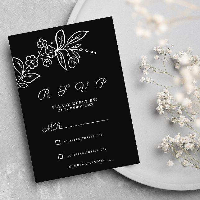 Invitación Sencillo y elegante RSVP floral blanco negro (Simple elegant black white floral RSVP)