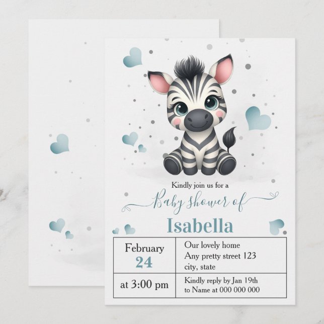 Invitación Sencillo y lindo baby shower de cebra (Anverso / Reverso)