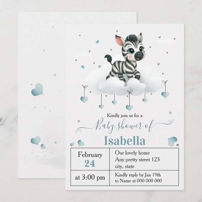 Invitación Sencillo y lindo baby shower de cebra (Anverso / Reverso)