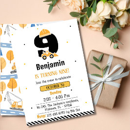 Invitación Sencillo y lindo camión de construcción niños 9 añ
