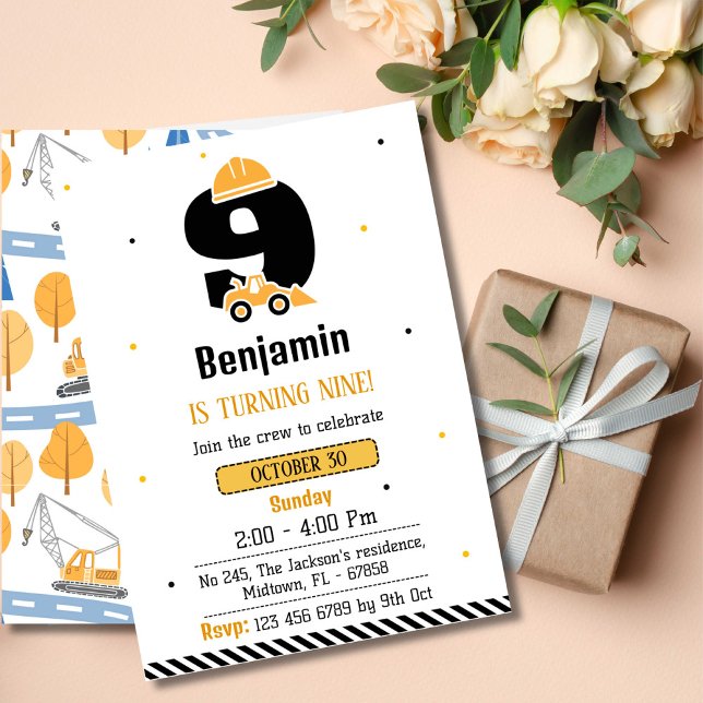 Invitación Sencillo y lindo camión de construcción niños 9 añ (Subido por el creador)