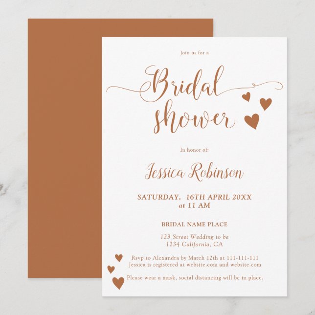 Invitación Sencillos corazones escritura terracota moda ducha (Anverso / Reverso)