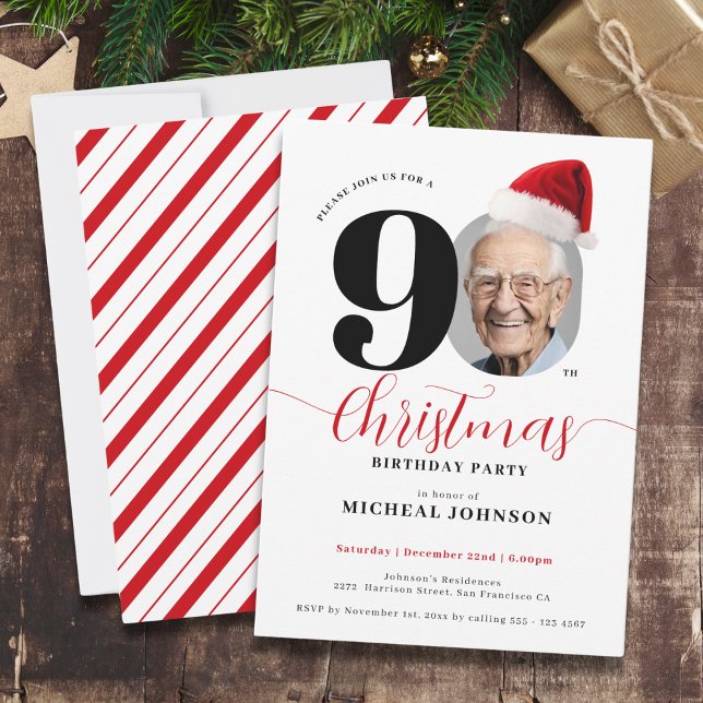 Invitación Sencillos Navidades modernos 90 cumpleaños (Simple Modern Christmas 90th Birthday Party Invitation)