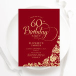 Invitación Sencillos Rosas de oro rojo 60 cumpleaños<br><div class="desc">Sencilla y elegante invitación a la fiesta de cumpleaños número 60 en rojo y oro. Diseño elegante con rosas, Relieve metalizado de oro falso y tipo de letra de guión de tipografía. La carta de invitación a la moda es perfecta para una elegante celebración de cumpleaños femenina. Personaliza con tus...</div>