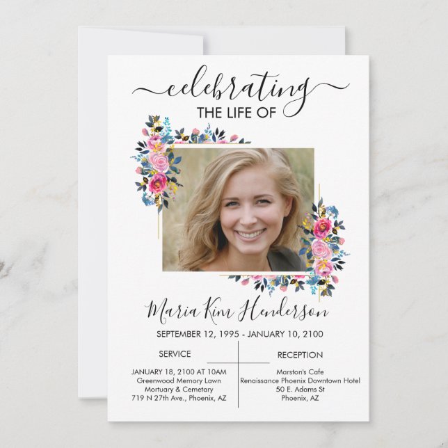 Invitación Sencillos Rosas Gold Photo Funeral Memorial Servic (Anverso)