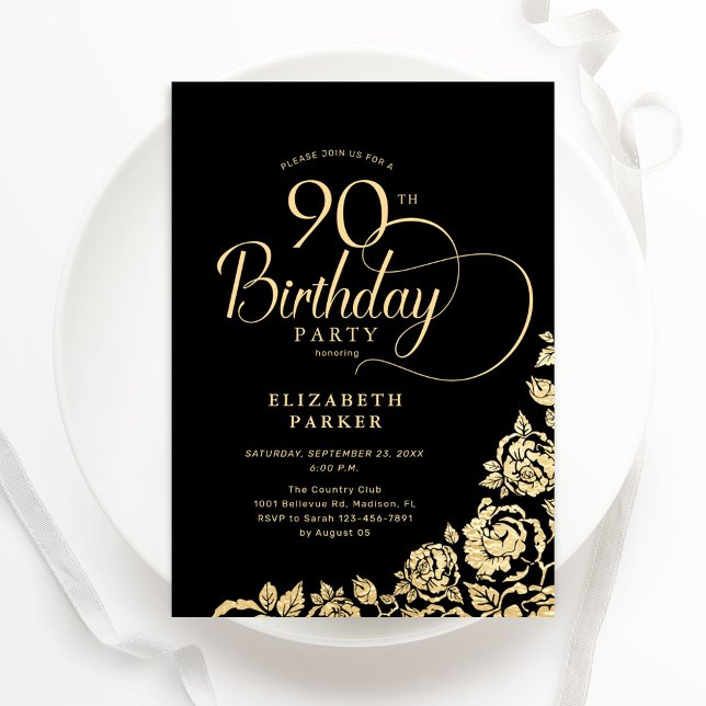 Invitación Sencillos y elegantes Rosas de oro negro en su 90  (Subido por el creador)