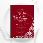 Invitación Sencillos y elegantes Rosas Red Silver de cumpleañ<br><div class="desc">Sencilla y elegante invitación a la fiesta de cumpleaños número 30 en rojo y plata. Diseño elegante con rosas, Relieve metalizado falso plateado y tipo de letra de guión tipográfico. La carta de invitación a la moda es perfecta para una elegante celebración de cumpleaños femenina. Personaliza con tus propios detalles....</div>