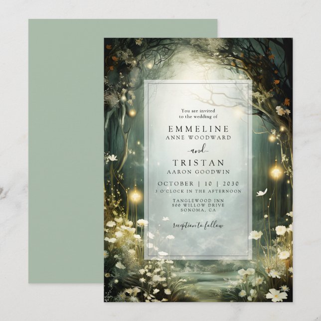 Invitación Sendero Boscoso Encantado De Flores Boda Verde (Anverso / Reverso)