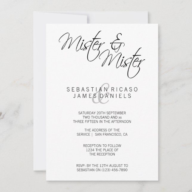 Invitación Señor Y Señor Elegante Boda Gay De Texto (Anverso)