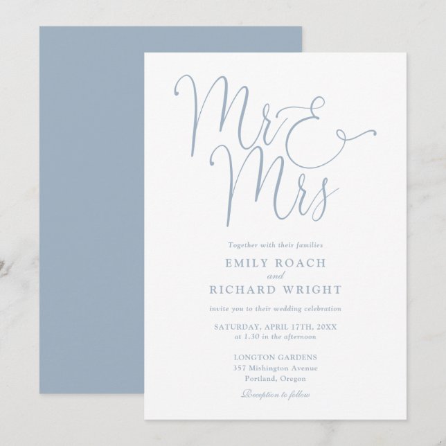 Invitación Señor y Señora Script Elegante Boda Polvoriento Az (Anverso / Reverso)