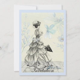 Invitación Señora bonita del vintage y flores azules