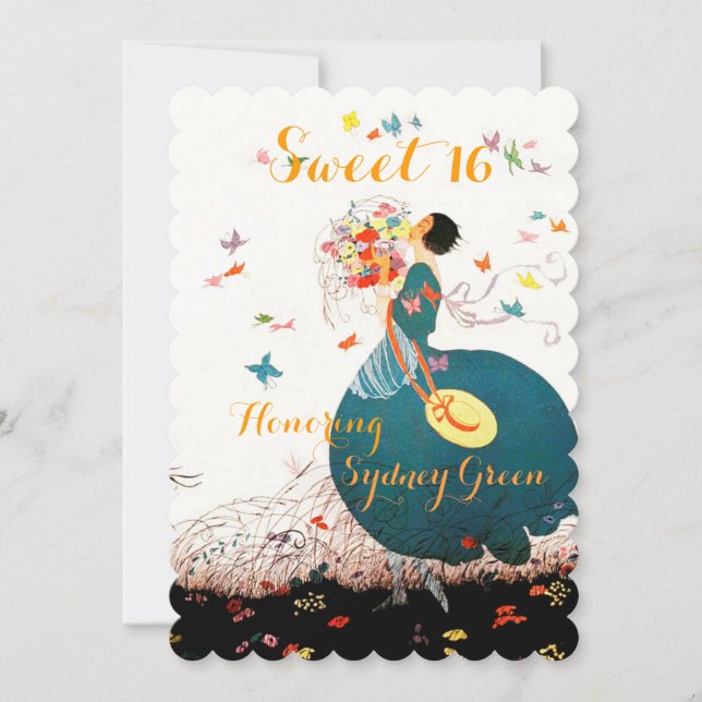 INVITACIÓN SEÑORA CON RAMO DE FLORES Y MARIPOSAS SWEET 16 (Anverso)